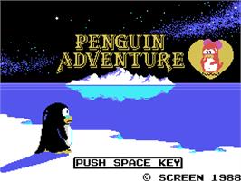 Title screen of Penguin Adventure on the Arcade.