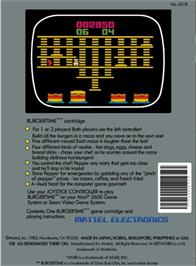 Box back cover for BurgerTime on the Atari 2600.