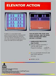 Box back cover for Elevator Action on the Atari 2600.