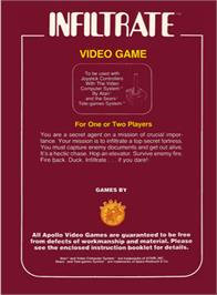 Box back cover for Infiltrate on the Atari 2600.