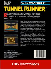 Box back cover for Tunnel Runner on the Atari 2600.