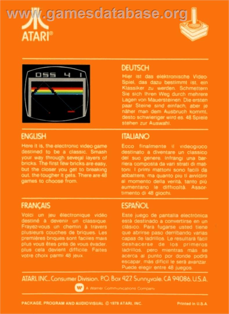 Breakout - Atari 2600 - Artwork - Box Back