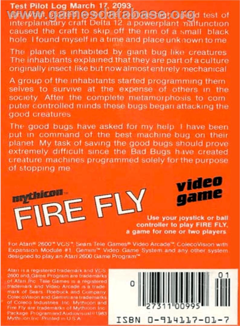 Fire Fly - Atari 2600 - Artwork - Box Back