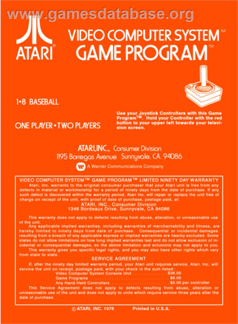 Home Run - Atari 2600 - Artwork - Box Back