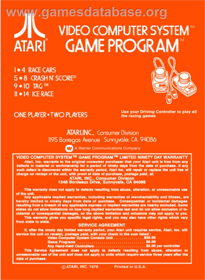 Indy 500 - Atari 2600 - Artwork - Box Back