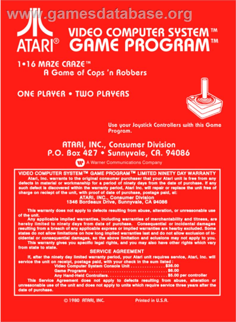 Maze Craze: A Game of Cops 'n Robbers - Atari 2600 - Artwork - Box Back