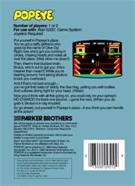 Box back cover for Popeye on the Atari 5200.