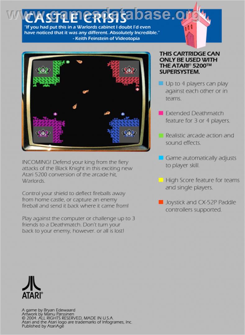 Castle Crisis - Atari 5200 - Artwork - Box Back