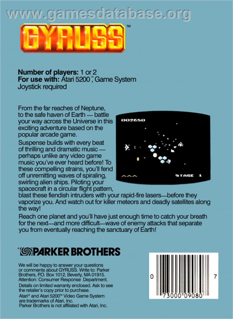 Gyruss - Atari 5200 - Artwork - Box Back