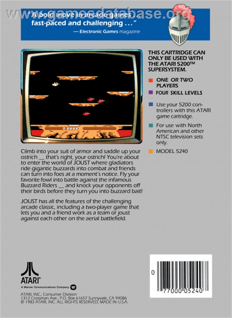 Joust - Atari 5200 - Artwork - Box Back