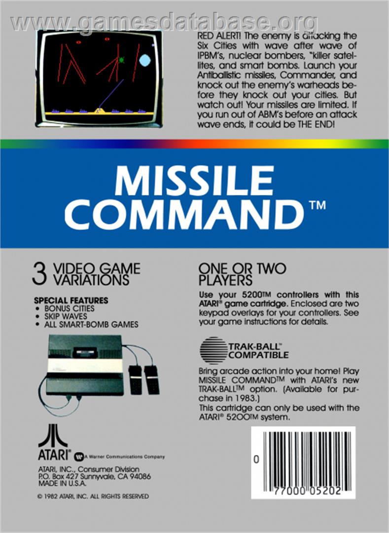 Missile Command - Atari 5200 - Artwork - Box Back