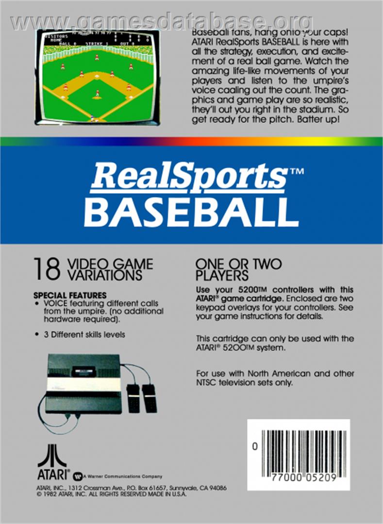 RealSports Baseball - Atari 5200 - Artwork - Box Back