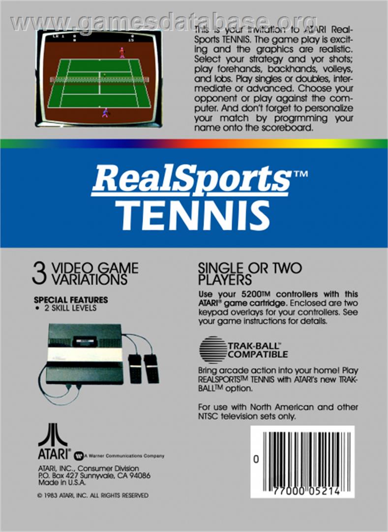 RealSports Tennis - Atari 5200 - Artwork - Box Back