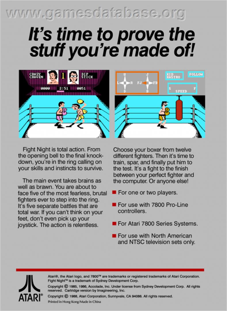 Fight Night - Atari 7800 - Artwork - Box Back