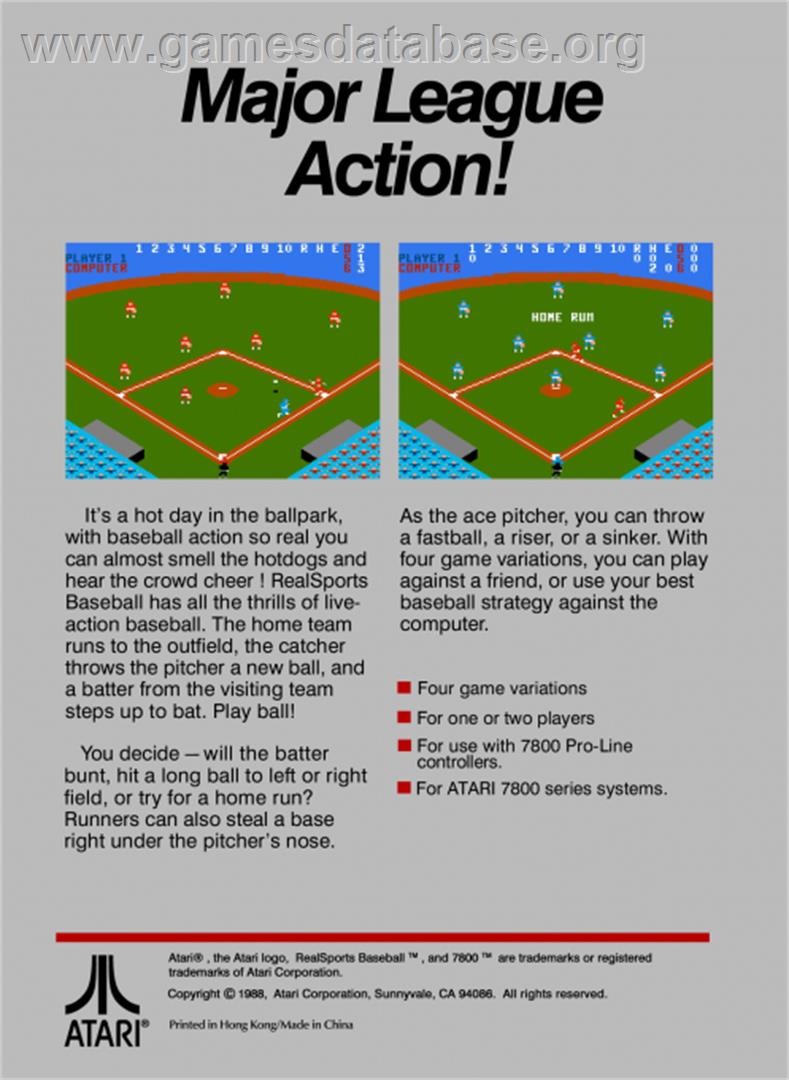 Peter Rose Baseball - Atari 7800 - Artwork - Box Back