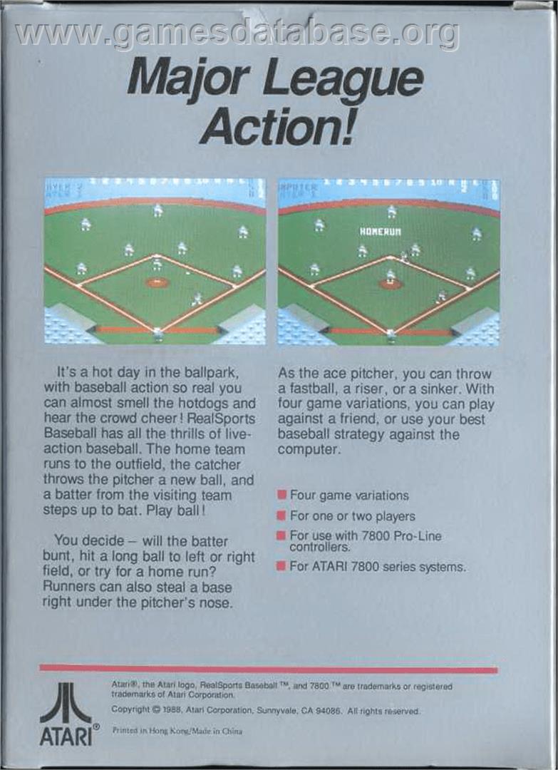 RealSports Baseball - Atari 7800 - Artwork - Box Back