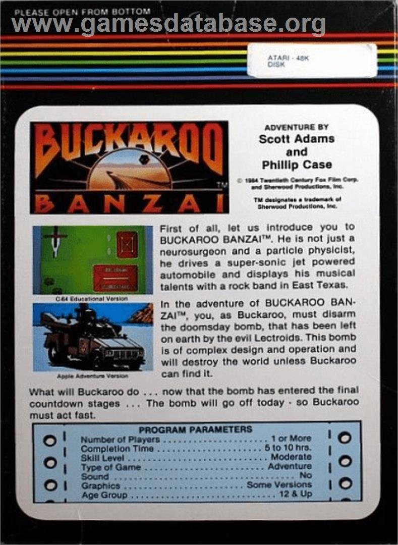 Adventures of Buckaroo Banzai Across the Eighth Dimension - Atari 8-bit - Artwork - Box Back