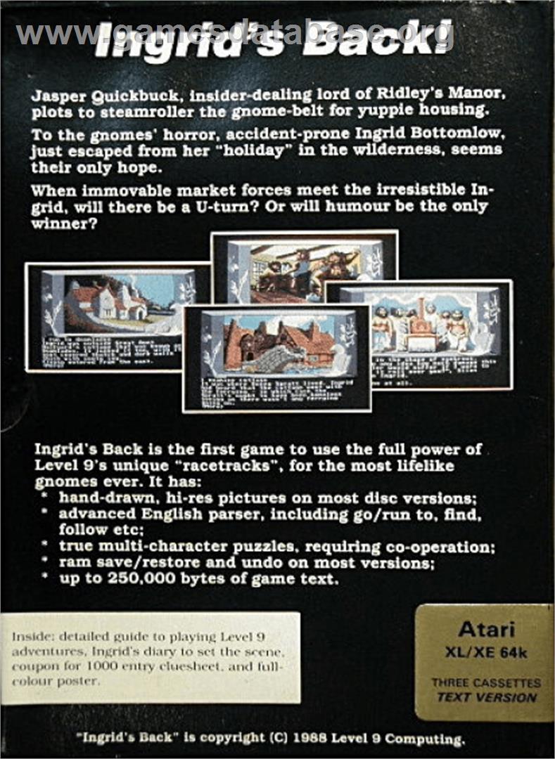 Ingrid's Back - Atari 8-bit - Artwork - Box Back