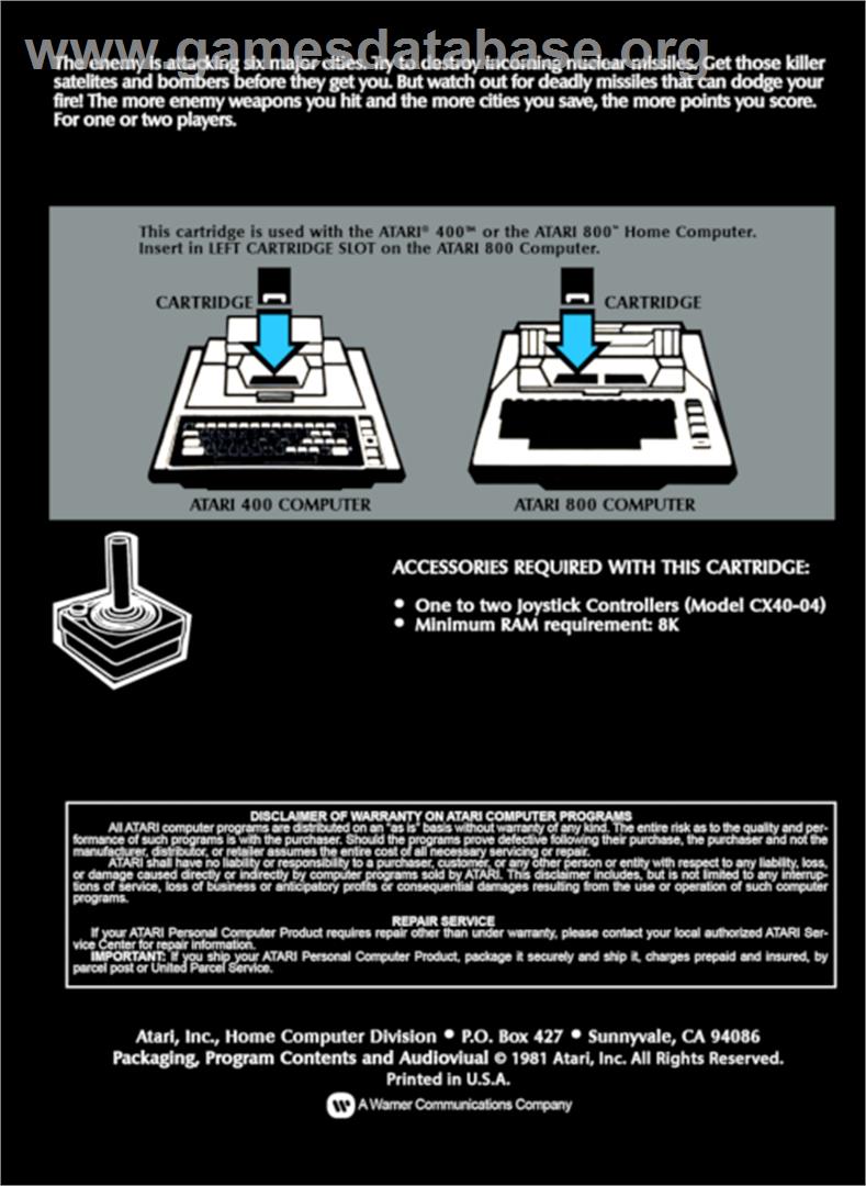 Missile Command - Atari 8-bit - Artwork - Box Back