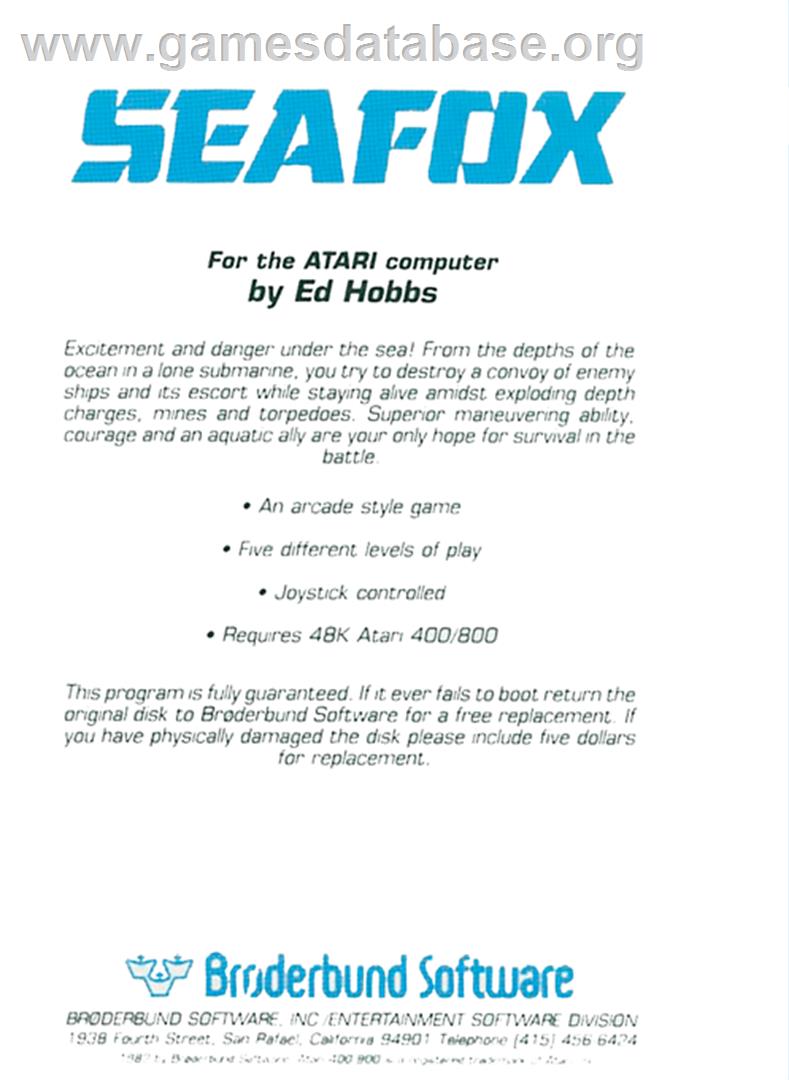 Seafox - Atari 8-bit - Artwork - Box Back