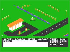 In game image of Action Biker on the Atari 8-bit.