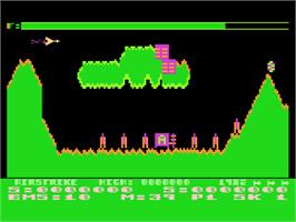 In game image of Airstrike on the Atari 8-bit.