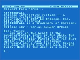 In game image of Stationfall on the Atari 8-bit.
