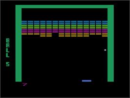 In game image of Super Breakout on the Atari 8-bit.