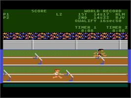 In game image of Track & Field on the Atari 8-bit.
