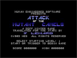Title screen of Return of the Mutant Camels on the Atari 8-bit.