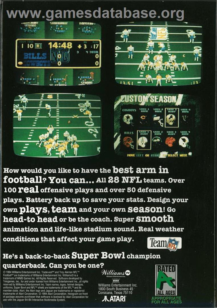 Troy Aikman NFL Football - Atari Jaguar - Artwork - Box Back