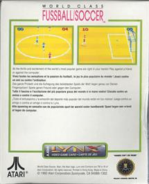 Box back cover for World Class Soccer on the Atari Lynx.