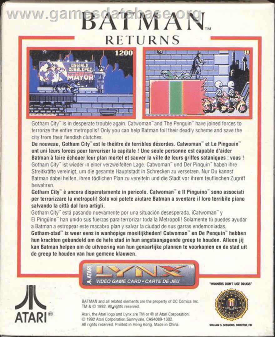 Batman Returns - Atari Lynx - Artwork - Box Back