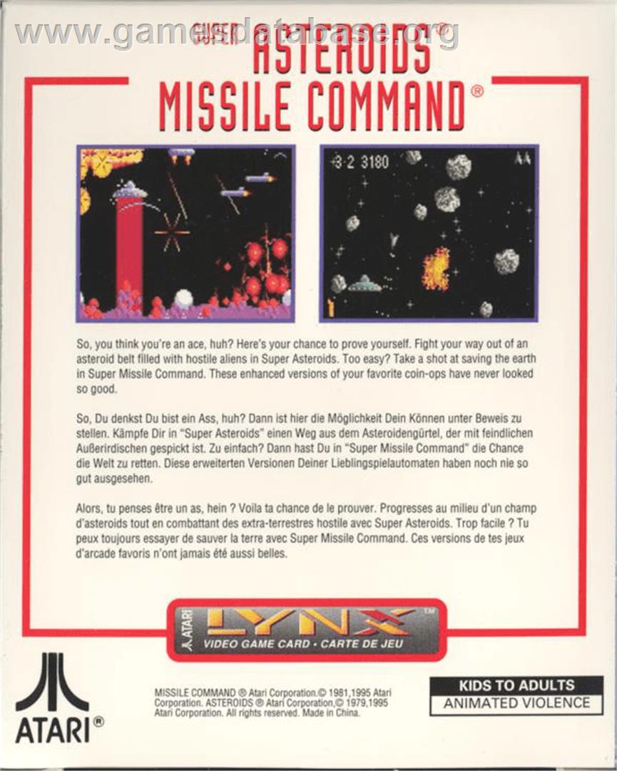 Super Asteroids and Missile Command - Atari Lynx - Artwork - Box Back