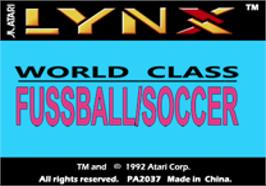 Top of cartridge artwork for World Class Soccer on the Atari Lynx.