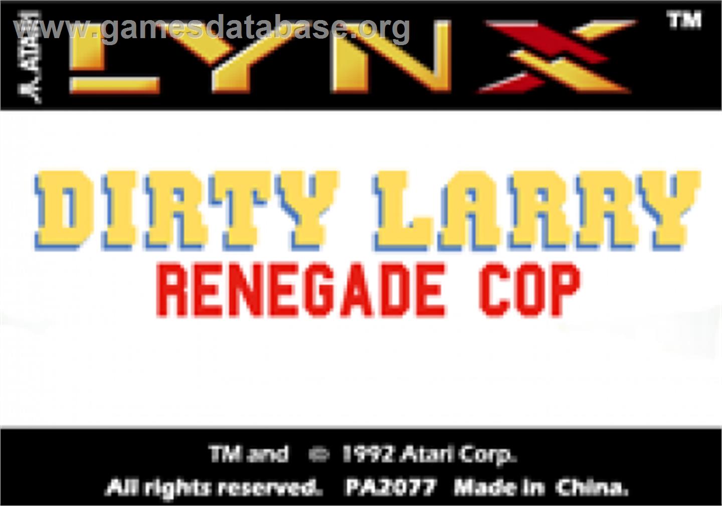 Dirty Larry: Renegade Cop - Atari Lynx - Artwork - Cartridge Top