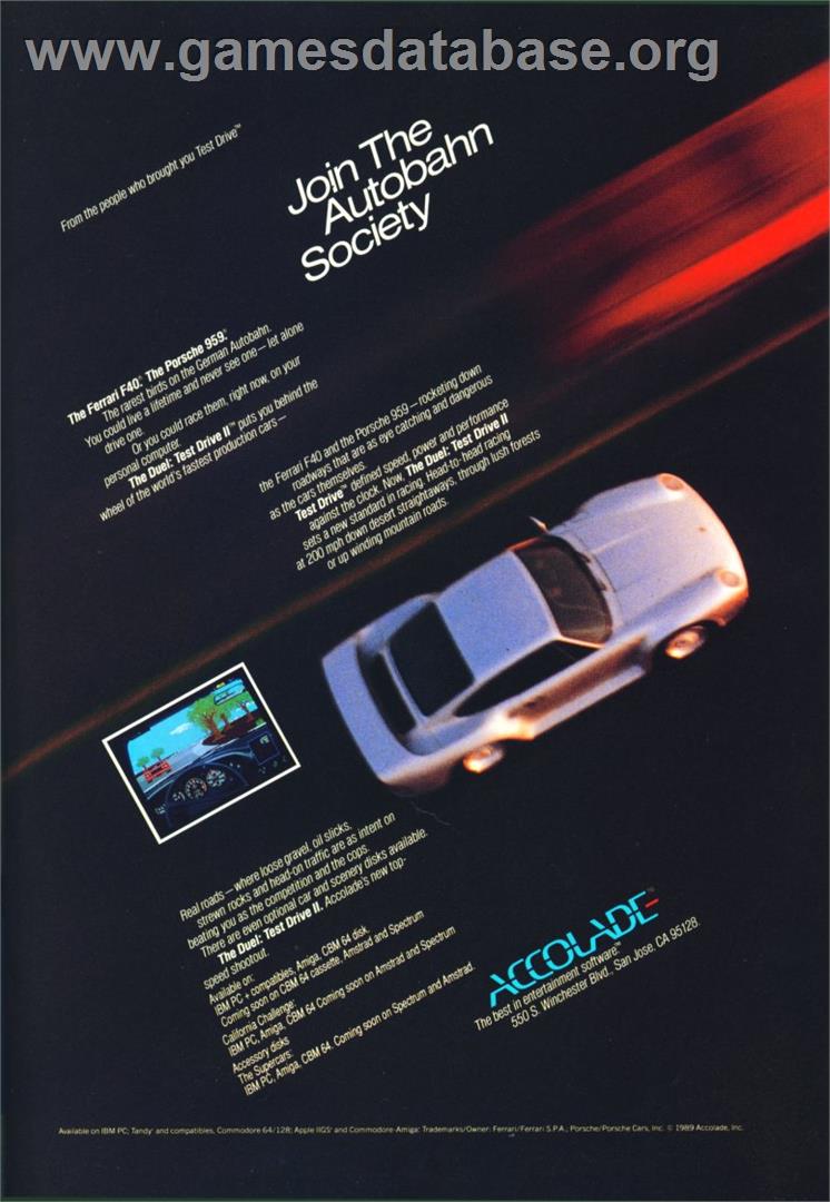 Test Drive II Car Disk: The Supercars - Commodore 64 - Artwork - Advert