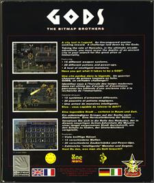 Box back cover for Gods on the Atari ST.