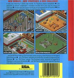 Box back cover for Populous & The Promised Lands on the Atari ST.