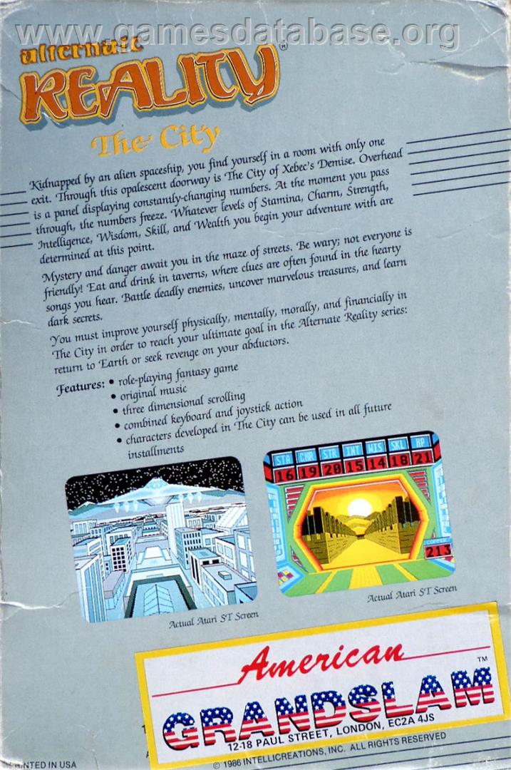 Alternate Reality: The City - Atari ST - Artwork - Box Back