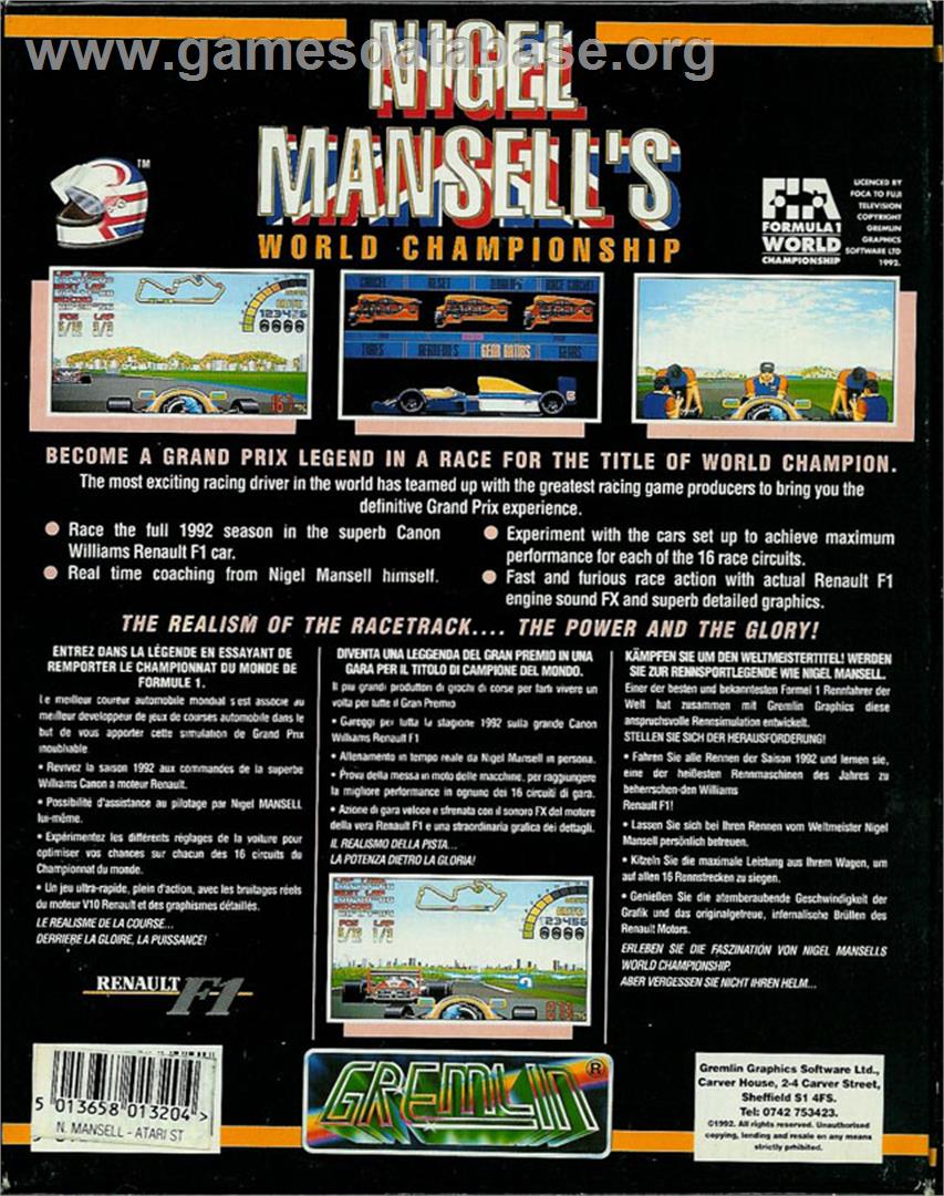 Nigel Mansell's World Championship - Atari ST - Artwork - Box Back