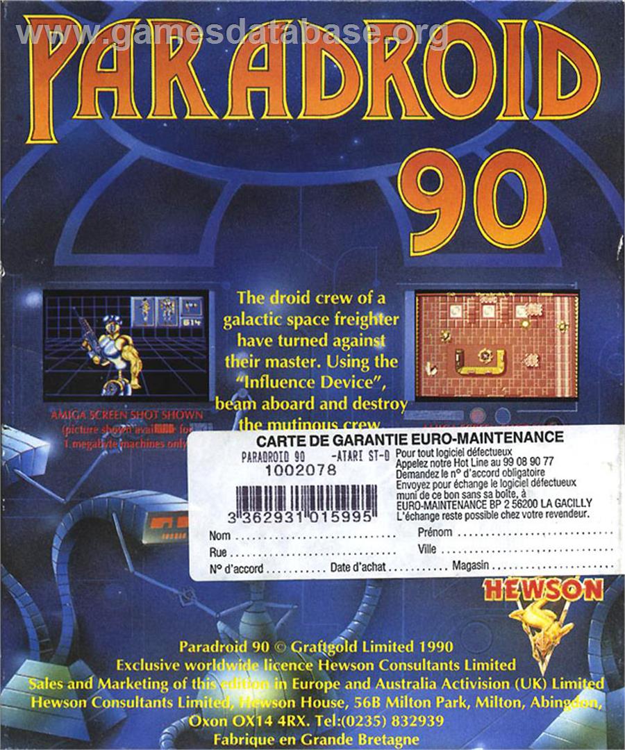 Paradroid 90 - Atari ST - Artwork - Box Back
