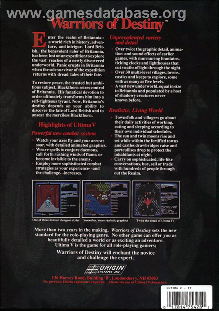 Ultima V: Warriors of Destiny - Atari ST - Artwork - Box Back