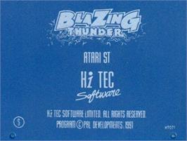Top of cartridge artwork for Blazing Thunder on the Atari ST.