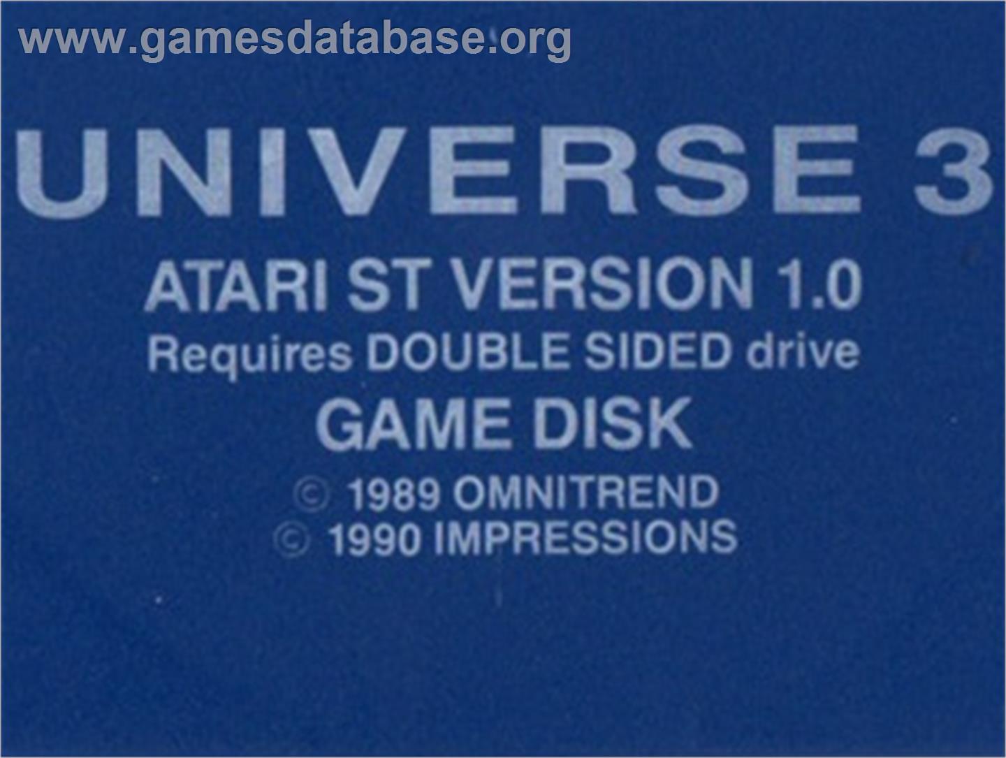Universe 3 - Atari ST - Artwork - Cartridge Top