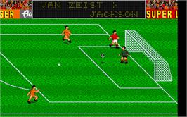 In game image of Emlyn Hughes International Soccer on the Atari ST.