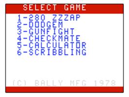 Title screen of 280zzap on the Bally Astrocade.