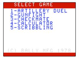 Title screen of Artillery Duel on the Bally Astrocade.