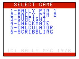 Title screen of Bally Pin on the Bally Astrocade.