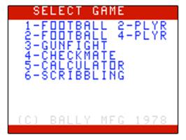 Title screen of Football on the Bally Astrocade.